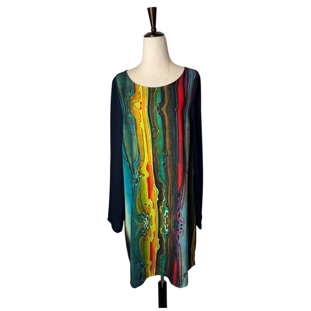 Prana Dress Women Medium Navy Abstract Cece Medallion Shift Long Sleeve Mini